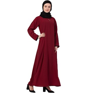 A-line abaya with piping at sleeves-Maroon-black